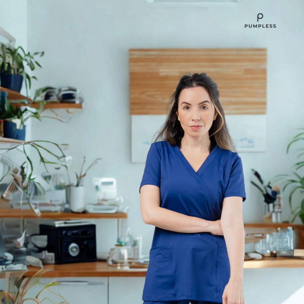 Mulher vestindo scrub azul premium da Pumpless em ambiente clean e sofisticado de atendimento na área da saúde. A imagem transmite profissionalismo, elegância e conforto, destacando o caimento moderno do uniforme em um espaço iluminado e acolhedor.